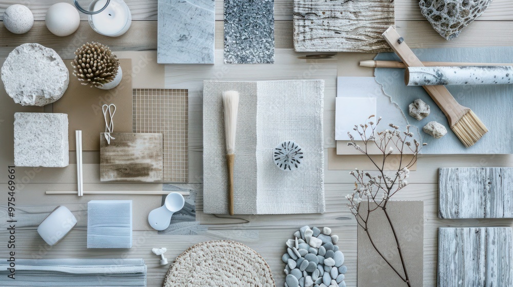 Poster a topdown view of a creative architects moodboard composition is displayed in a flat lay. the compos