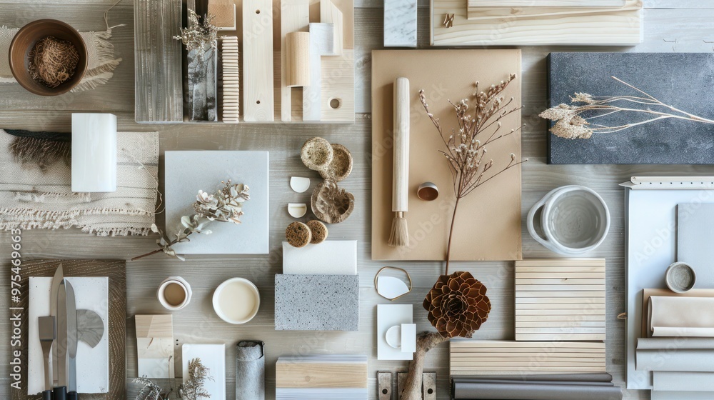 Aufkleber a topdown view of a creative architects moodboard composition is displayed in a flat lay. the compos