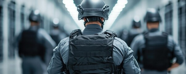 A tactical officer in gear stands ready in a dimly lit corridor, showcasing a sense of duty and preparedness.