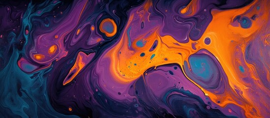 Vibrant orange purple and blue swirls and patterns formed by drips and drops of acrylic paint cascading from a canvas during a fluid pouring technique