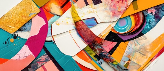 Mixed media artwork featuring vibrant colors and abstract shapes showcasing a dynamic blend of materials and techniques in a creative composition