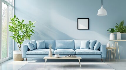 Modern light blue living room with light blue sofas, decor accents, and sleek design elements.