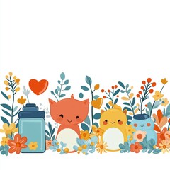 Naklejka premium Cute cartoon animals surrounded by colorful flowers and a heart.