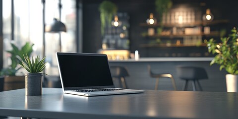 modern office interior, A sleek, contemporary office setting with minimalist furniture, a laptop, and modern decor, representing productivity and efficiency