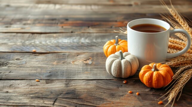 An old wooden table displaying a white coffee mug adorned with pumpkins and ears of wheat, featuring copy space for text or design.