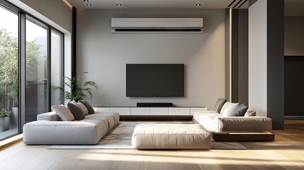 Modern living room with an AC splitter on the wall, providing cooling for multiple zones in the room.