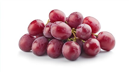 Bunch of ripe red grapes with leaves and vine on a white background