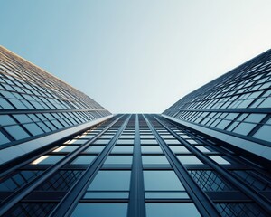 Fototapeta premium A stunning view of a modern skyscraper from below, showcasing its reflective glass facade against a clear sky.