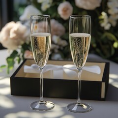 Two elegant champagne glasses filled with bubbly drink sit on a table. Soft light highlights the fine glassware and floral arrangement. Perfect for celebrations or romantic moments. AI