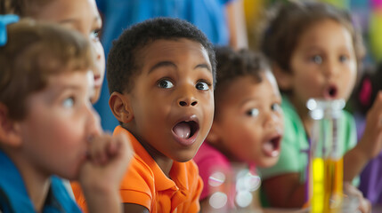 Engaged Multicultural Children Learning Science Experiment from Teacher in Classroom