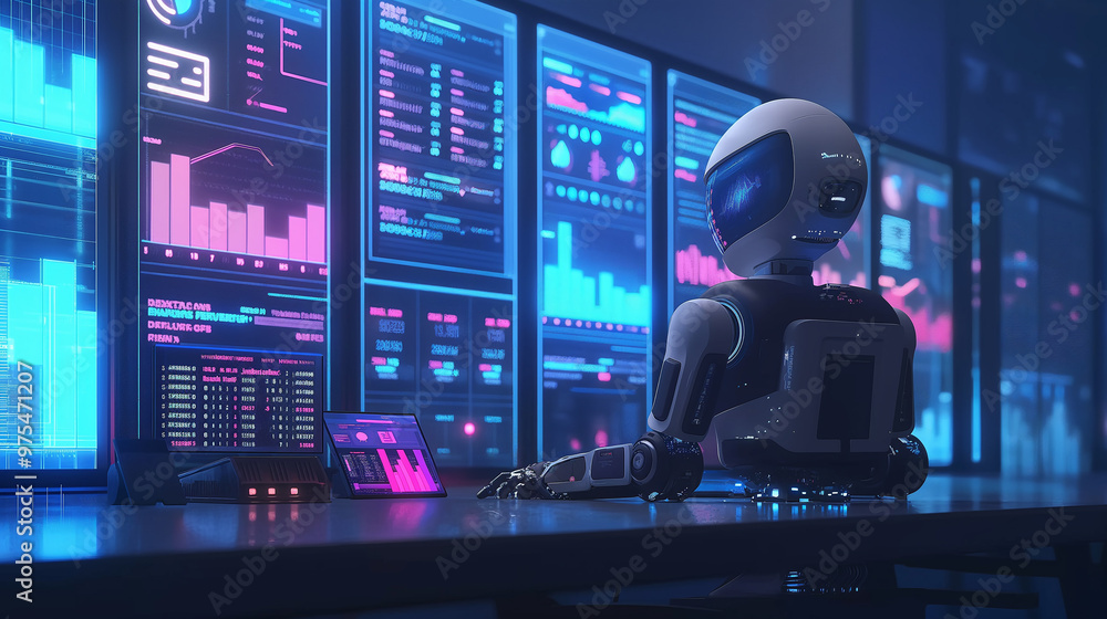 Poster a futuristic ai robot working with business data statistics, business growth or audit data analysis 