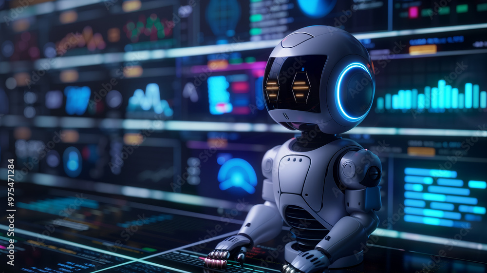 Poster a futuristic ai robot working with business data statistics, business growth or audit data analysis 