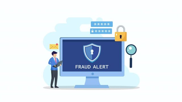 Animation video 2d clip 4k of fraud alert, hacker attack and web security