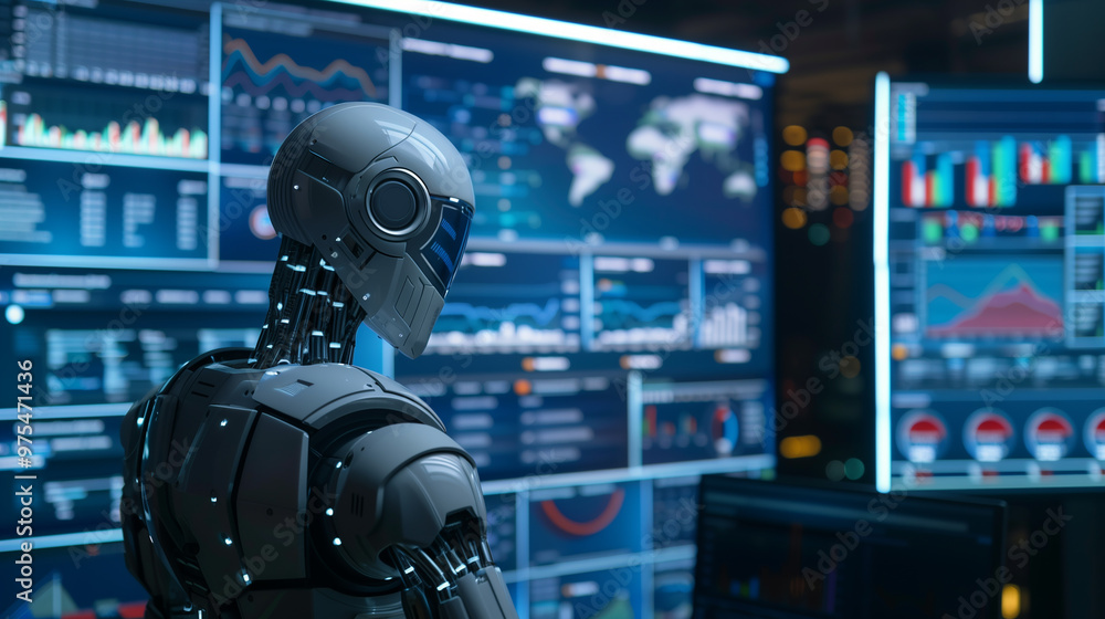 Poster a futuristic ai robot working with business data statistics, business growth or audit data analysis 