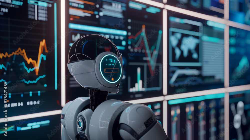 Poster a futuristic ai robot working with business data statistics, business growth or audit data analysis 
