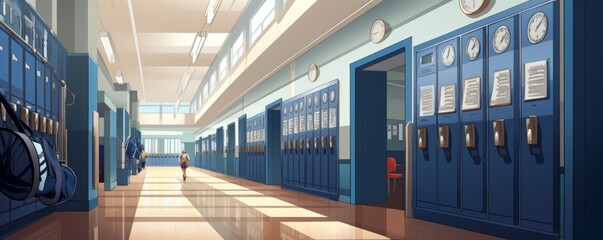 A high school hallway with lockers and bustling students, the bell ringing in this everyday background illustration