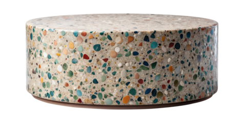 Large round terrazzo pedestal featuring multicolored chips, offering a vibrant and artistic design. Ideal for modern and creative decor or display settings. Isolated on transparent background, png.