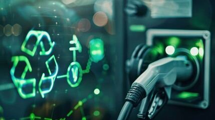 Closeup of sustainable aviation fuel pump with green energy symbols in background. Concept Sustainable Aviation Fuel, Green Energy, Close-Up Photography, Eco-Friendly Technology