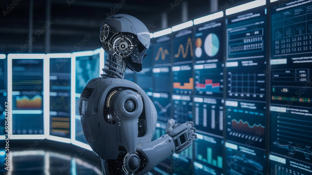 Poster a futuristic ai robot working with business data statistics, business growth or audit data analysis 