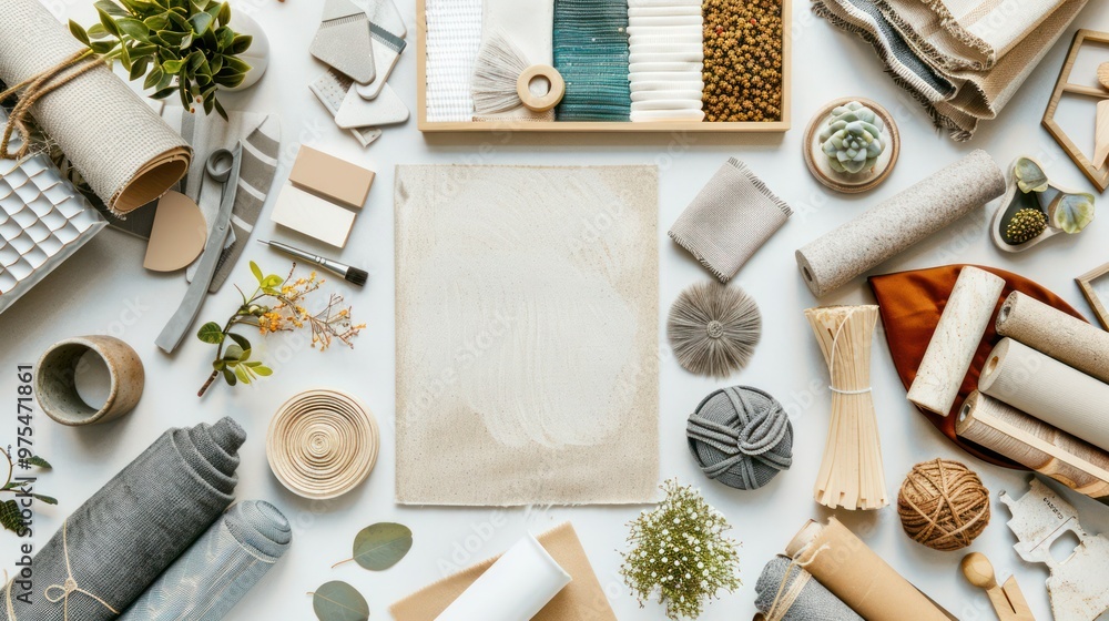 Aufkleber creative architect moodboard with building textile and natural material samples and accessories view