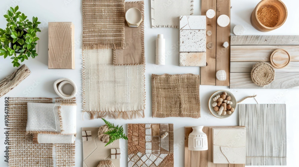 Aufkleber creative architect moodboard with building textile and natural material samples and accessories view