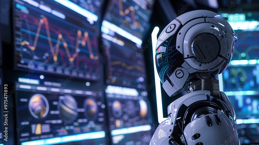 Poster a futuristic ai robot working with business data statistics, business growth or audit data analysis 