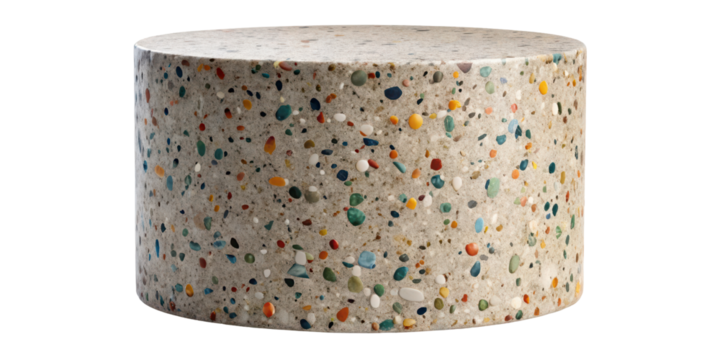 Large terrazzo pedestal with multicolored aggregate, offering a dynamic and modern design. Perfect for creative and bold interior decor displays. Isolated on transparent background, png.