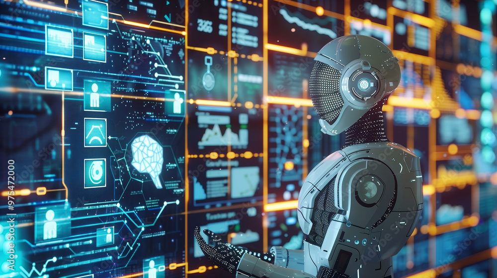 Poster a futuristic ai robot working with business data statistics, business growth or audit data analysis 