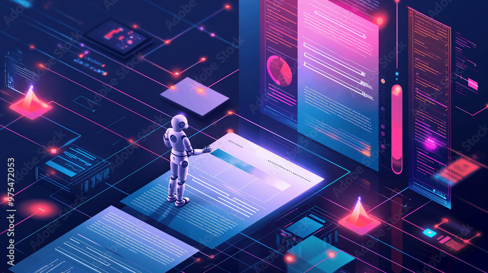 Poster a futuristic ai robot working with business data statistics, business growth or audit data analysis 