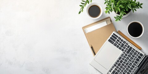 A serene, minimalist workspace with a clean desk, a laptop, and motivational quotes about self-control and productivity