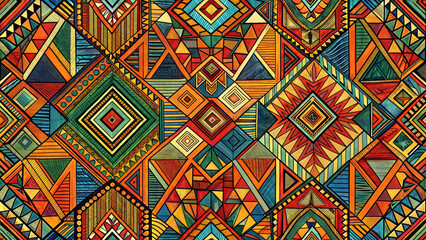Seamless dynamic tribal geometric pattern with intricate designs and bright colors in a lively composition