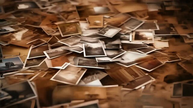 Scattered black and white photographs on reflective surface. Monochromatic images overlap, creating layered visual narrative. Soft lighting enhances nostalgic mood. Textured paper edges visible. 