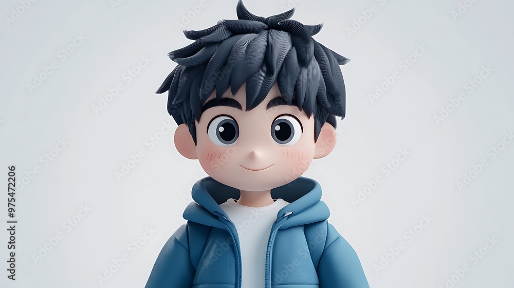 Poster adorable chibi boy character 3d rendering in cartoon style with blind box toy design on white backgr