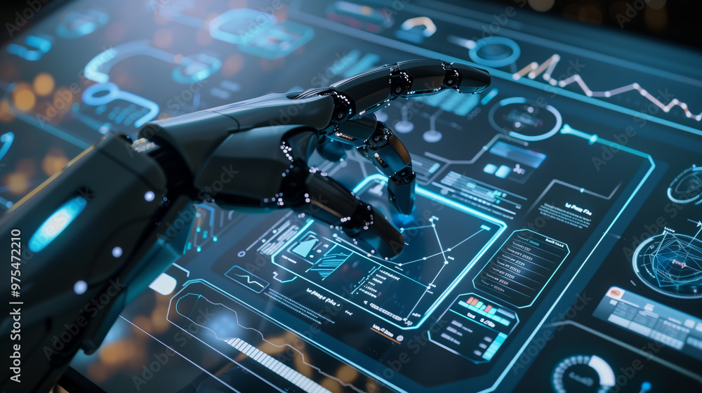 Poster a futuristic ai robot working with business data statistics, business growth or audit data analysis 