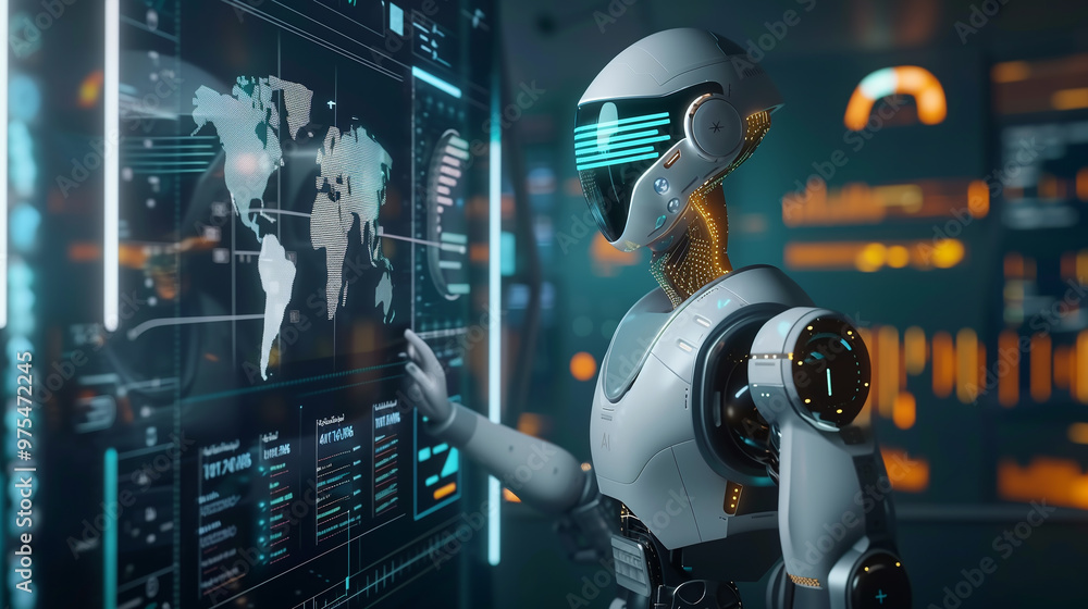 Poster a futuristic ai robot working with business data statistics, business growth or audit data analysis 