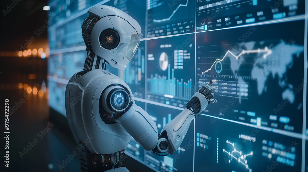 Poster a futuristic ai robot working with business data statistics, business growth or audit data analysis 