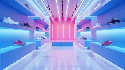 Design 3D shoe shop element for virtual fashion web or banner. Concept 3D Shoe Display, Virtual Shopping Experience, Stylish Banner Design, Trendy Footwear Showcase