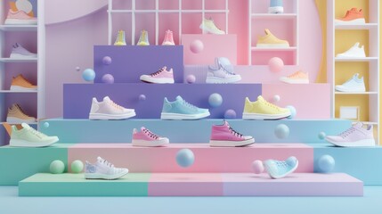 Design 3D shoe shop element for virtual fashion web or banner. Concept 3D Shoe Display, Virtual Shopping Experience, Stylish Banner Design, Trendy Footwear Showcase