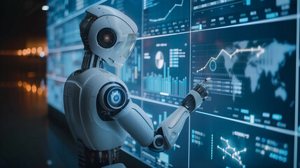 a futuristic AI robot working with business data statistics, business growth or audit data analysis through artificial intelligence technology 