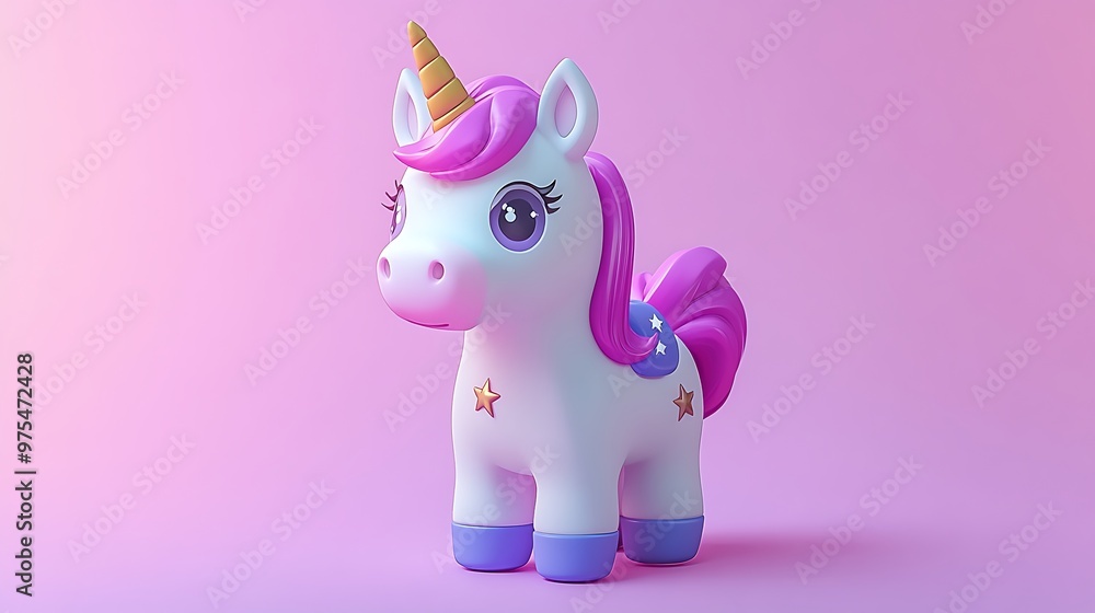 Poster playful chibi unicorn toy with sparkling horn and starry saddle in cartoon style 3d rendering on whi
