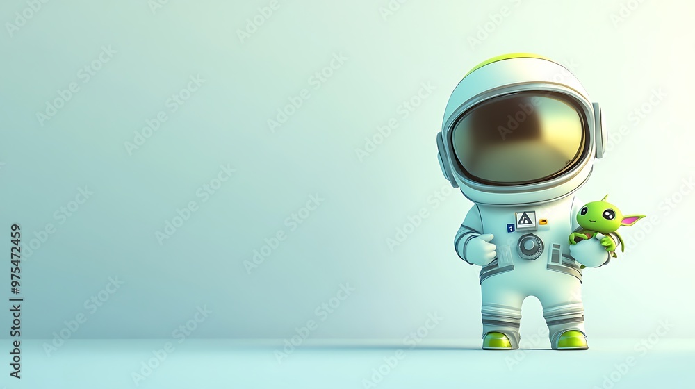 Poster playful cartoon-style astronaut holding alien toy in chibi design on solid color background - 3d ren