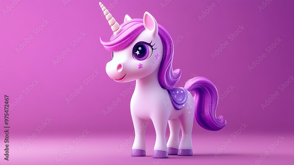 Aufkleber whimsical chibi unicorn toy with sparkling horn and starry saddle in 3d rendering on white backgroun