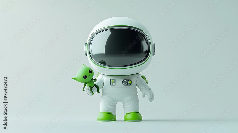 Poster cheerful cartoon style astronaut holding alien 3d render in chibi style - high quality render for bl