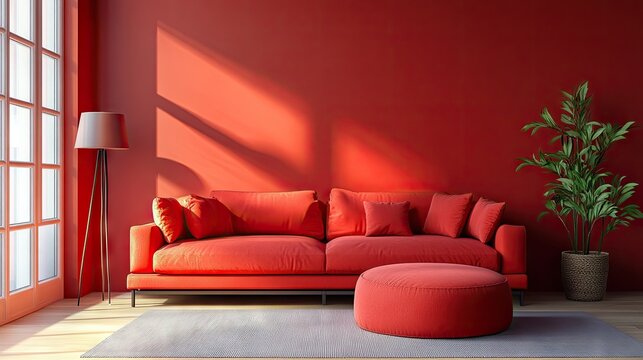 Modern red living room with a red couch, red ottoman, and red accent walls for a lively vibe.