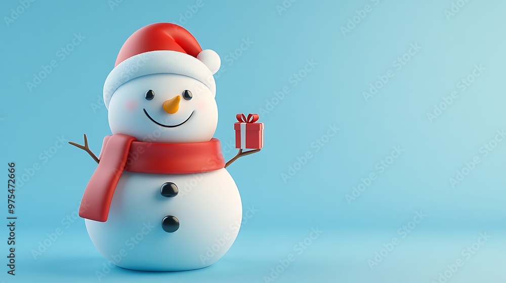 Poster cheerful chibi snowman 3d rendering with gift - cartoon character design in c4d and blender on white