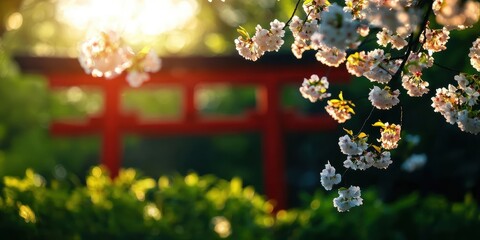 Stunning cherry blossoms in sunlight, framing a traditional red torii gate in a serene garden setting.