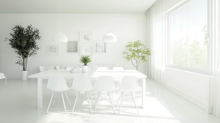 Fototapeta premium Modern white dining area with white chairs, a large white table, and minimalistic decor.