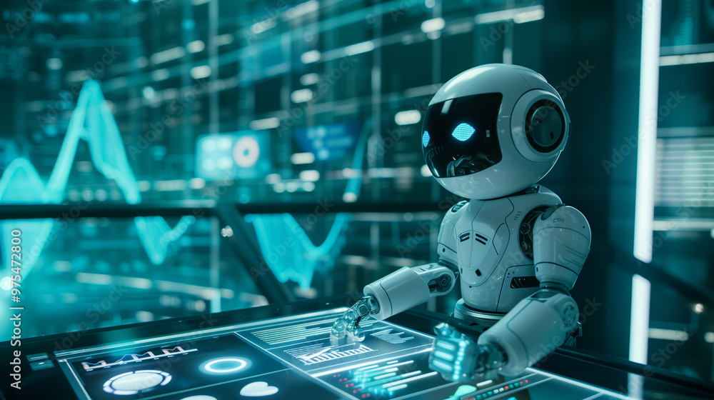 Poster a futuristic ai robot working with business data statistics, business growth or audit data analysis 