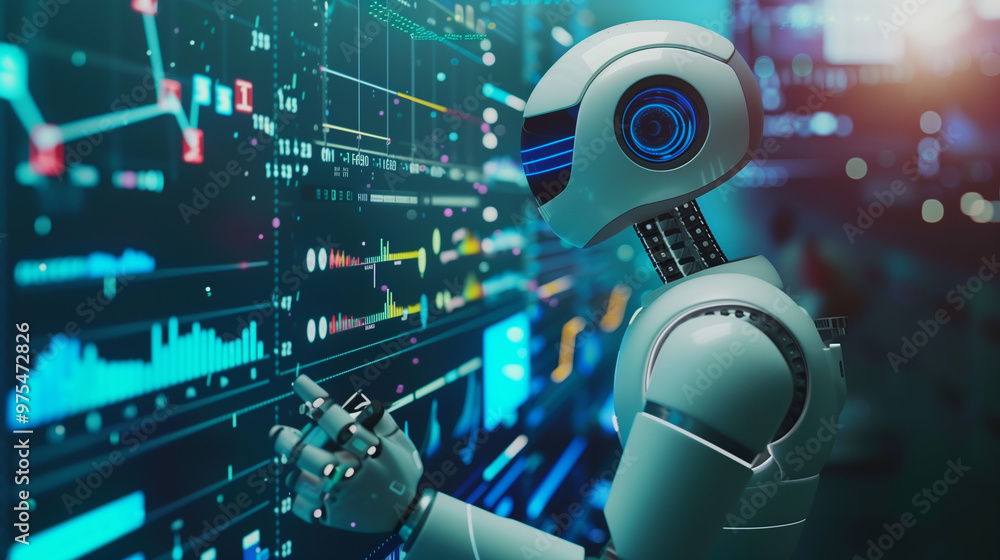 Poster a futuristic ai robot working with business data statistics, business growth or audit data analysis 