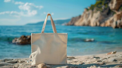 Eco-Friendly Cotton Tote Bag Mockup Against a Beach Background for Summer Vacation. Concept Eco-Friendly, Tote Bag, Mockup, Beach Background, Summer Vacation